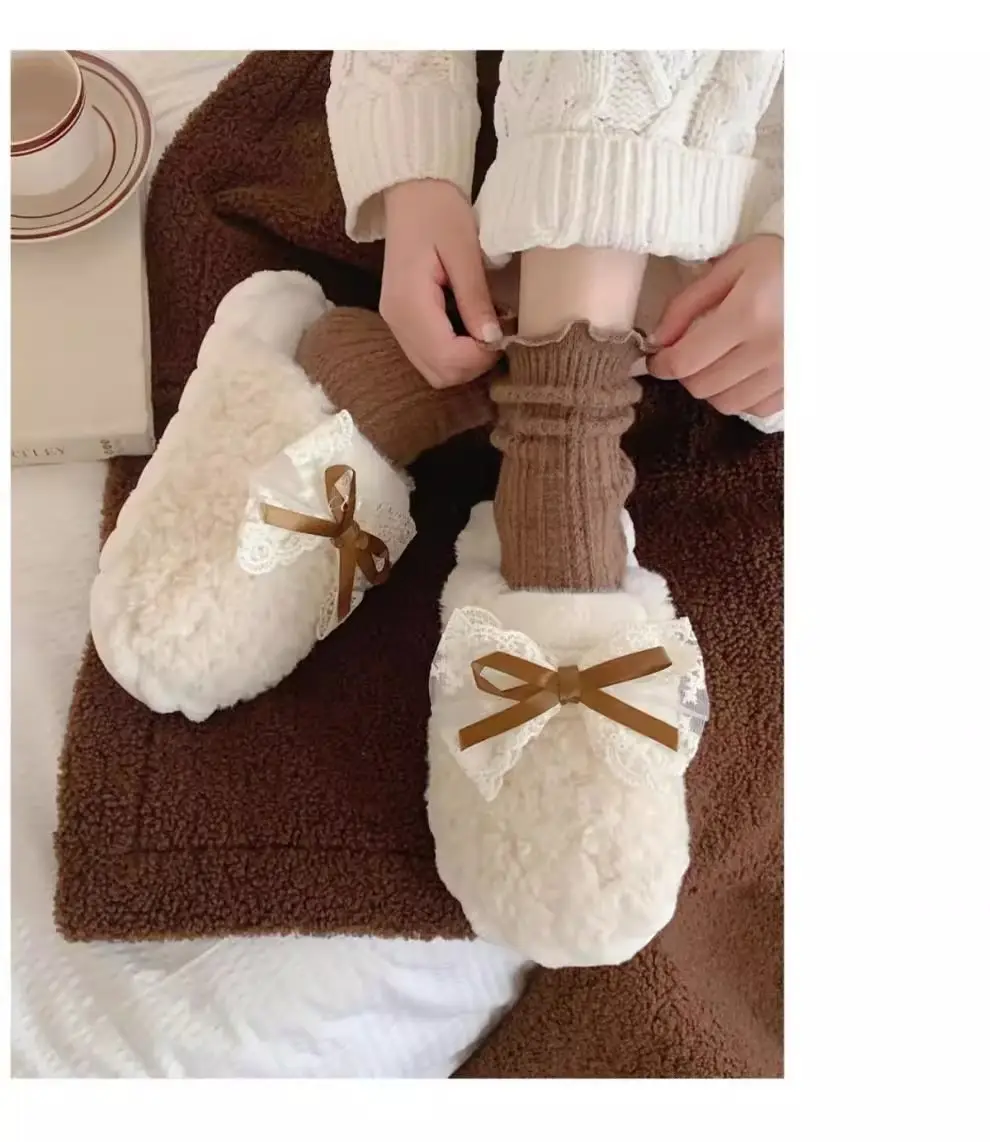 Men and women's indoor warm winter moon shoes Korean fairy style bow fashion new couple cotton slippers — feature 3