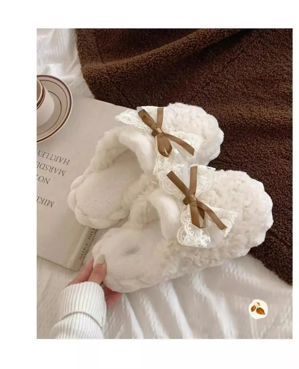 Men and women's indoor warm winter moon shoes Korean fairy style bow fashion new couple cotton slippers — feature 4