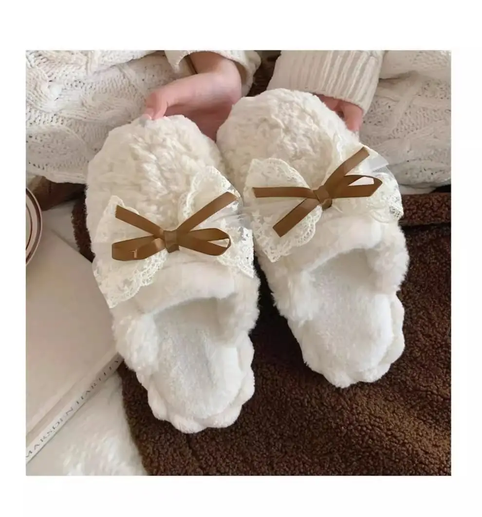 Men and women's indoor warm winter moon shoes Korean fairy style bow fashion new couple cotton slippers — feature 5