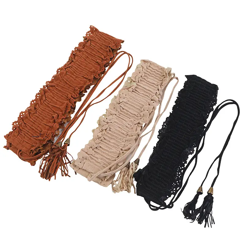 Women's Beige Elastic Lace Tassel Waist Belt — feature 37
