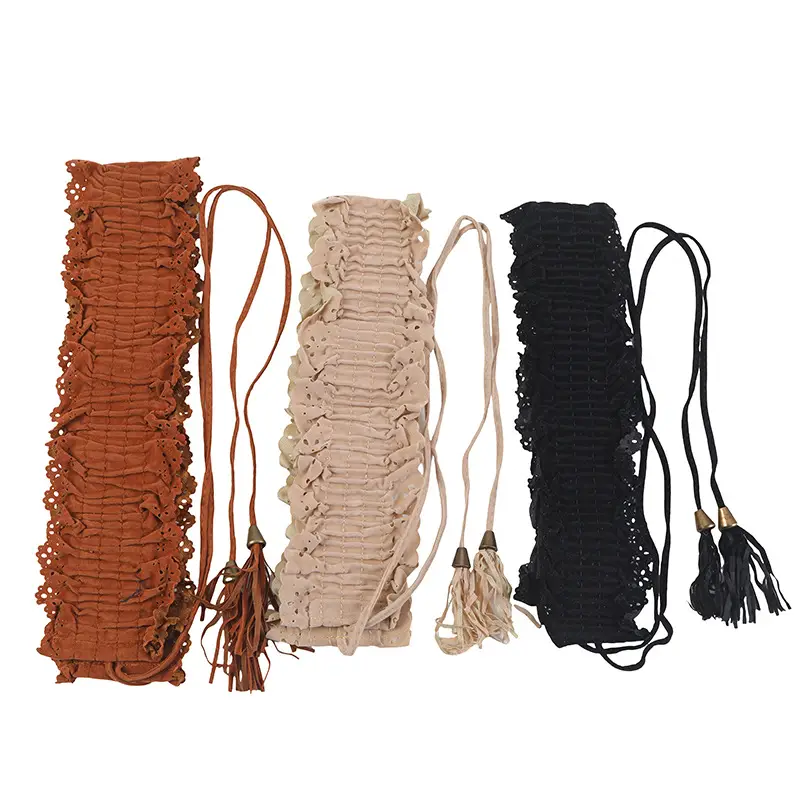 Women's Beige Elastic Lace Tassel Waist Belt — feature 39