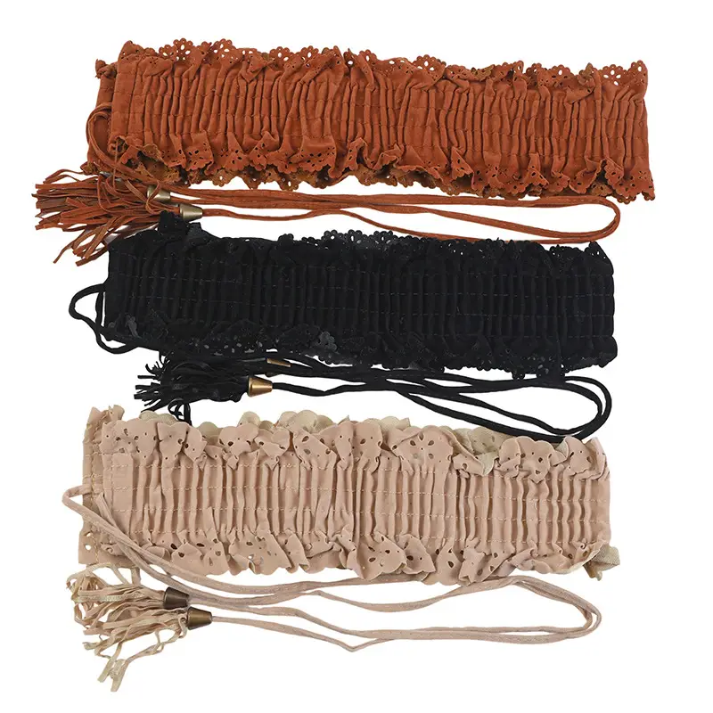 Women's Beige Elastic Lace Tassel Waist Belt — feature 43