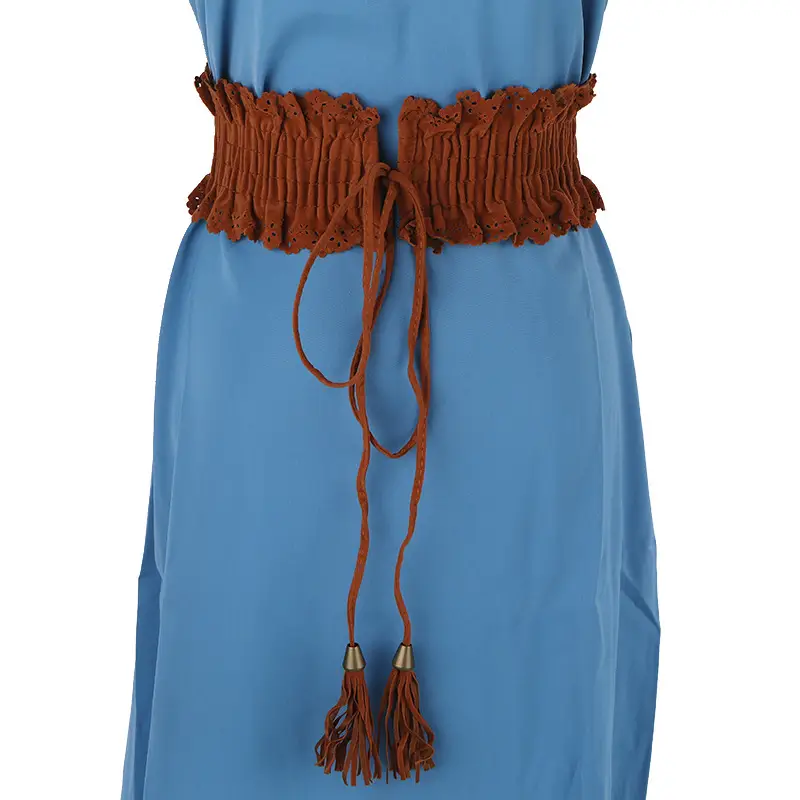 Women's Beige Elastic Lace Tassel Waist Belt — feature 45