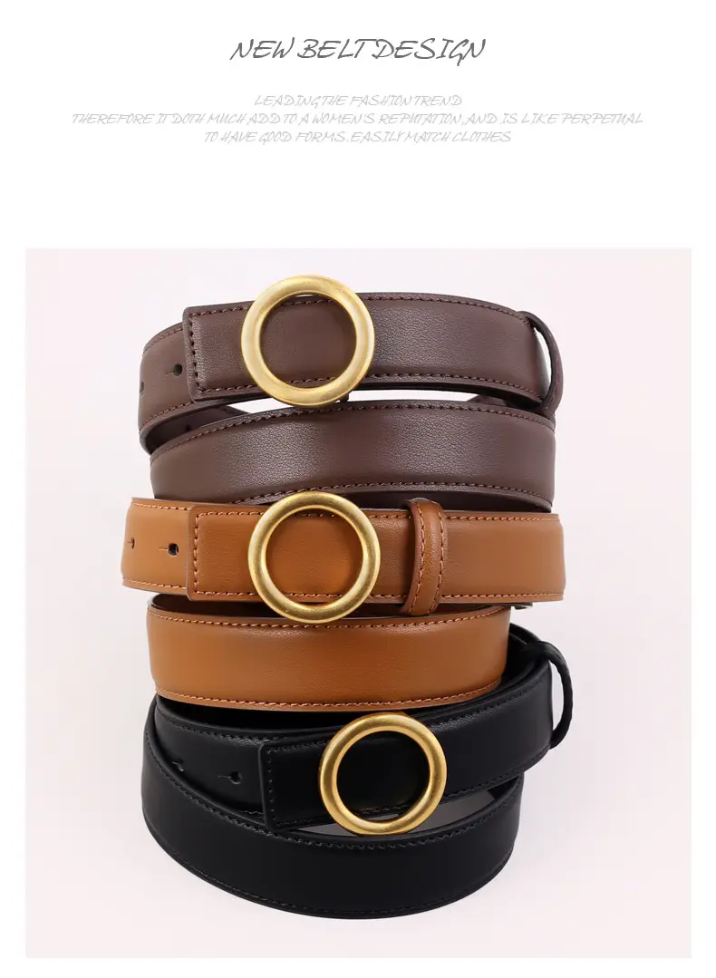 Women's Genuine Leather Belt with Gold Buckle Brown — feature 19