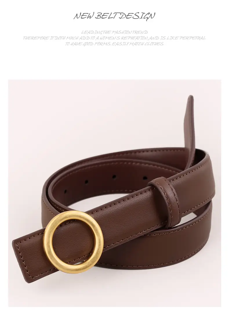 Women's Genuine Leather Belt with Gold Buckle Brown — feature 22