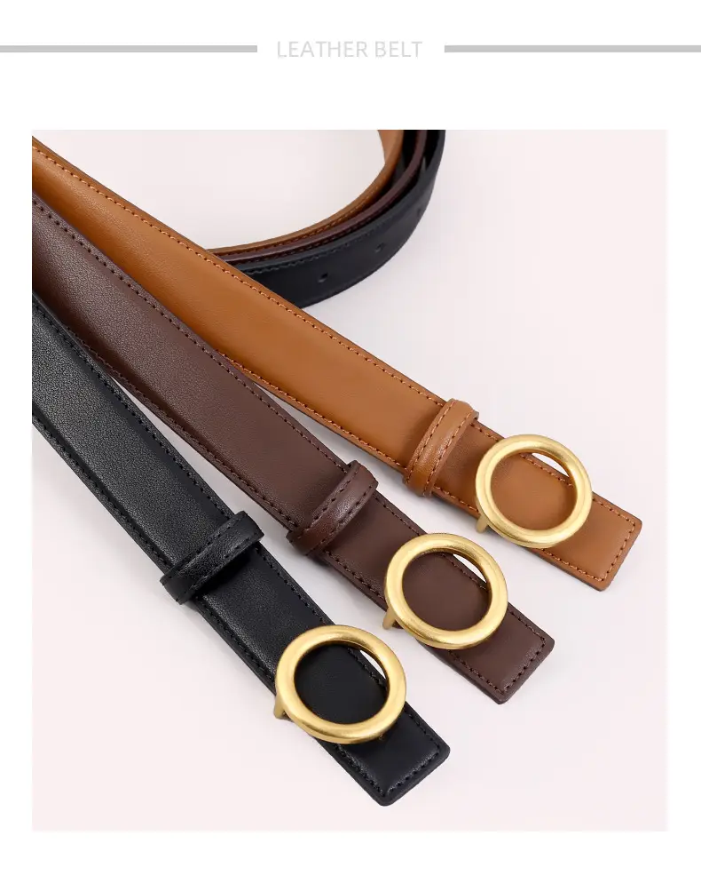 Women's Genuine Leather Belt with Gold Buckle Brown — feature 6