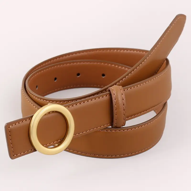 Women's Genuine Leather Belt with Gold Buckle Brown - Image 2