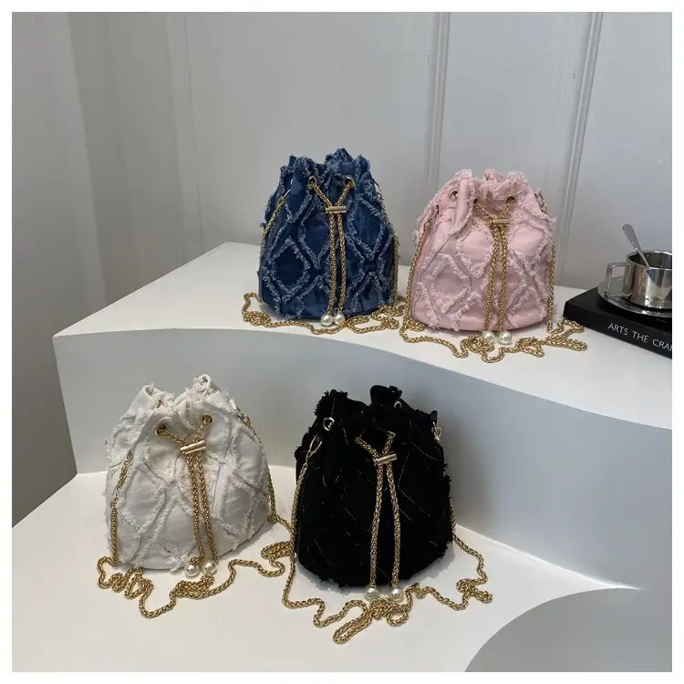 Blue Diamond Embroidered Crossbody Bag with Gold Chain