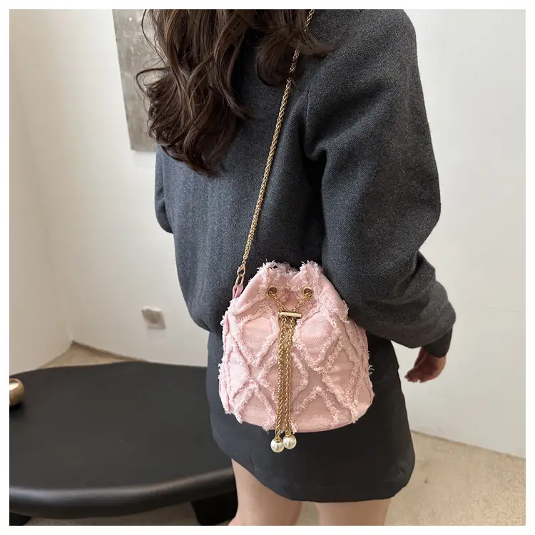 Blue Diamond Embroidered Crossbody Bag with Gold Chain