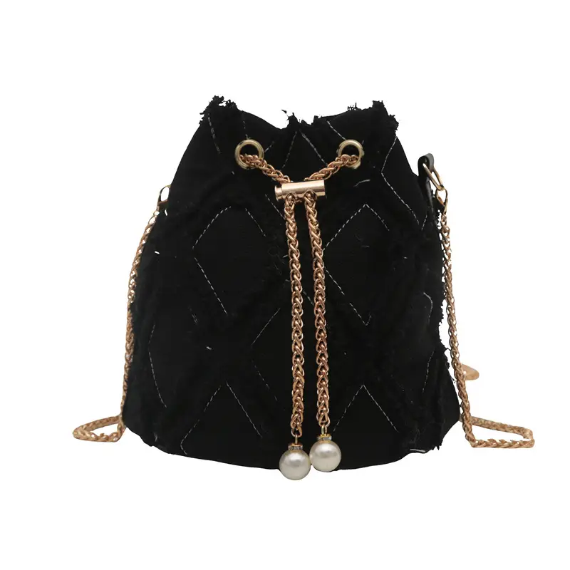 Blue Diamond Embroidered Crossbody Bag with Gold Chain