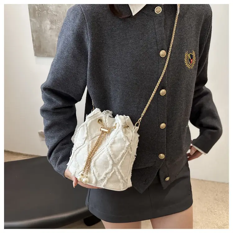 Blue Diamond Embroidered Crossbody Bag with Gold Chain — feature 11