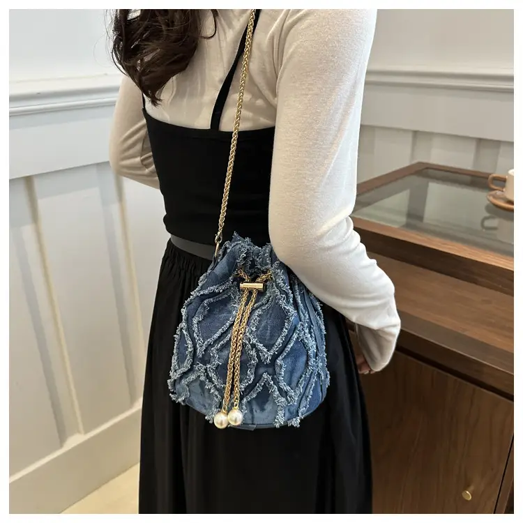 Blue Diamond Embroidered Crossbody Bag with Gold Chain — feature 17