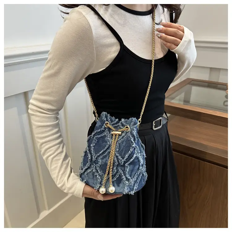 Blue Diamond Embroidered Crossbody Bag with Gold Chain — feature 19