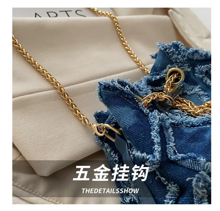 Blue Diamond Embroidered Crossbody Bag with Gold Chain — feature 6