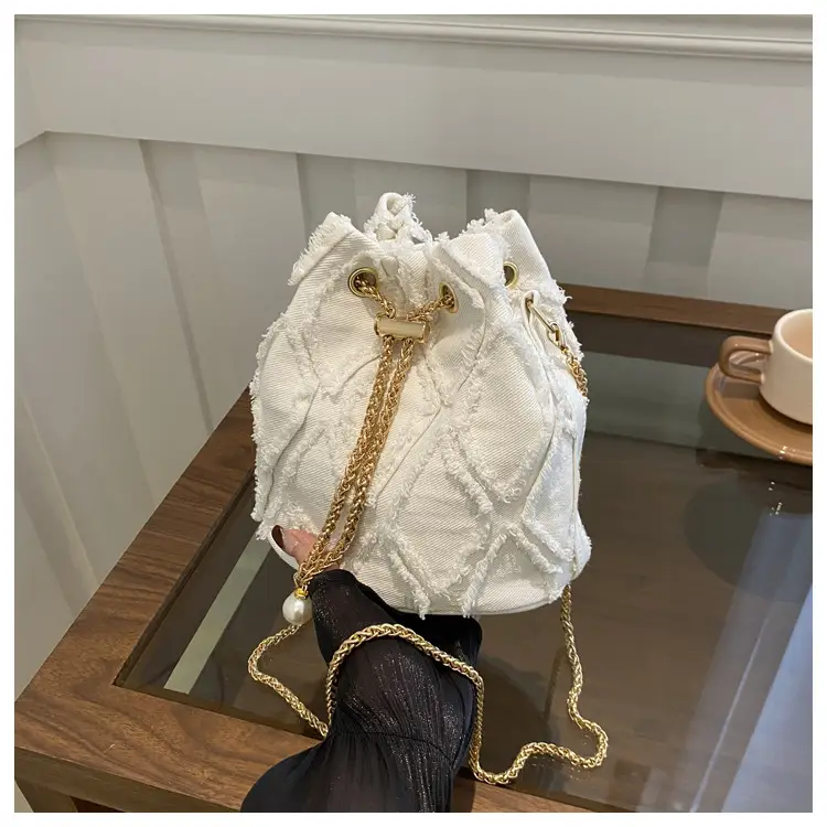 Blue Diamond Embroidered Crossbody Bag with Gold Chain