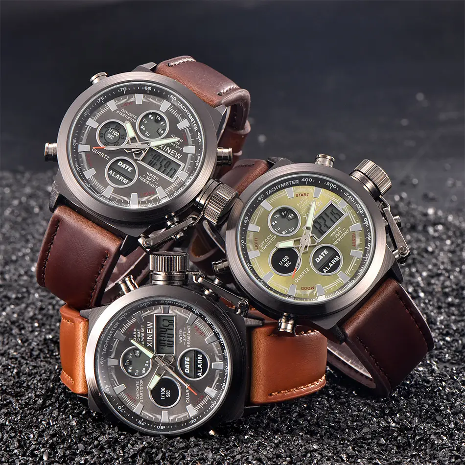 Men's Black Leather Dual Time Sports Watch with Digital Display - Image 17