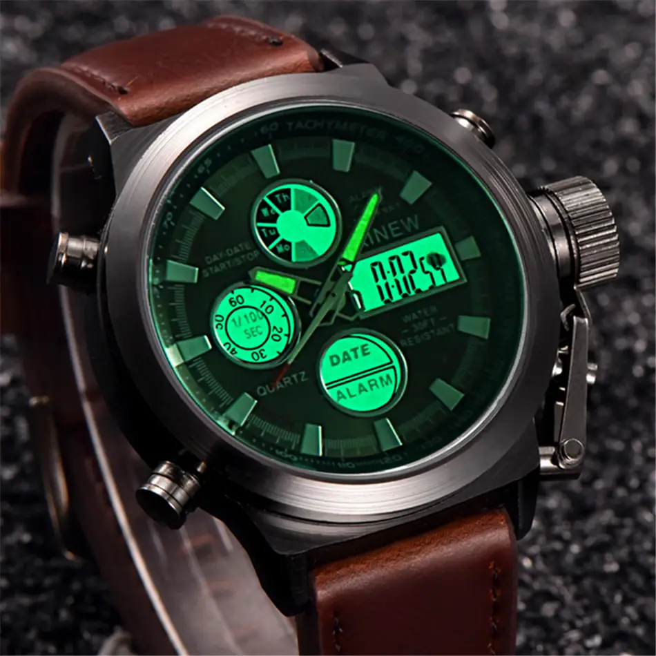 Men's Black Leather Dual Time Sports Watch with Digital Display - Image 18