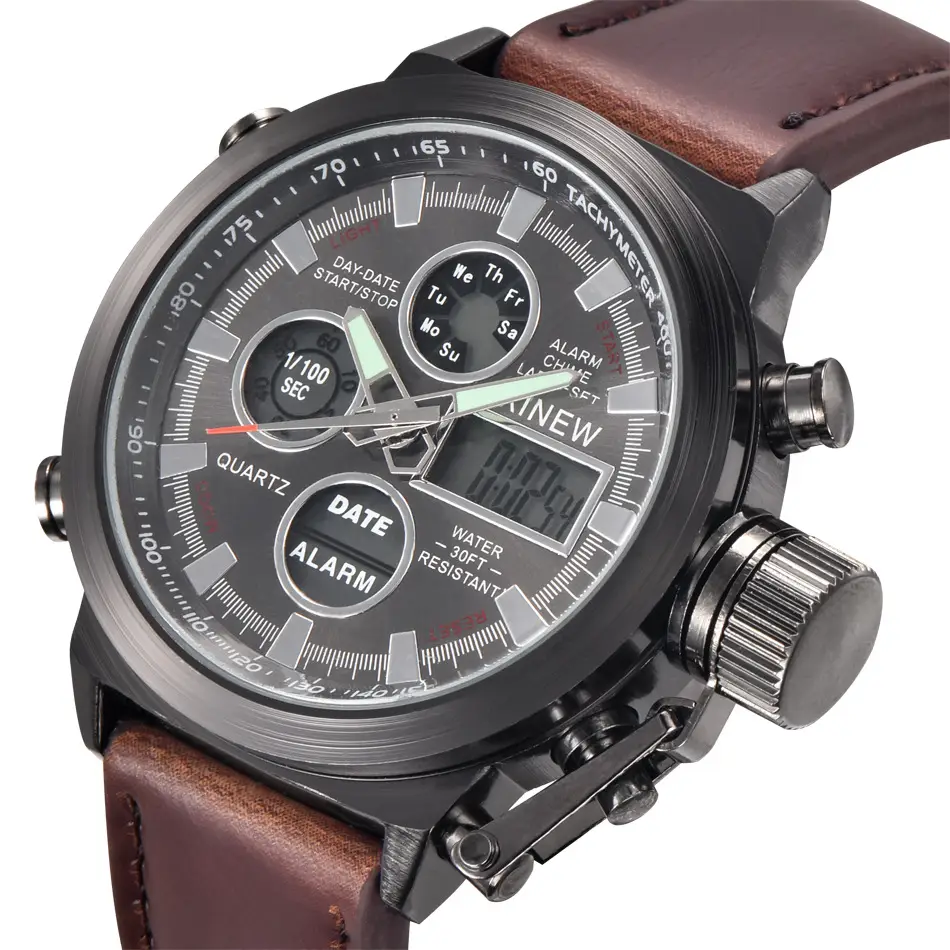 Men's Black Leather Dual Time Sports Watch with Digital Display - Image 20