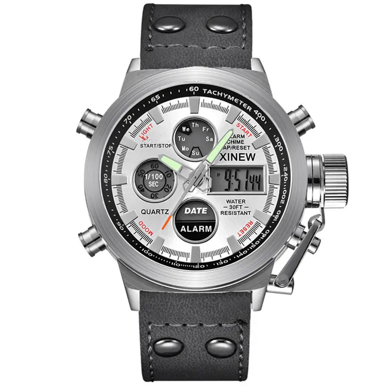 Men's Black Leather Dual Time Sports Watch with Digital Display - Image 12