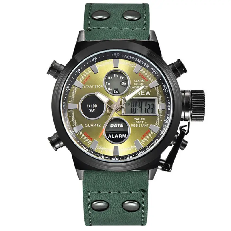Men's Black Leather Dual Time Sports Watch with Digital Display - Image 14