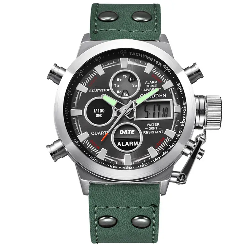 Men's Black Leather Dual Time Sports Watch with Digital Display - Image 15