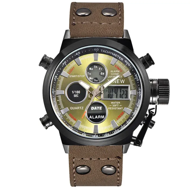Men's Black Leather Dual Time Sports Watch with Digital Display - Image 4