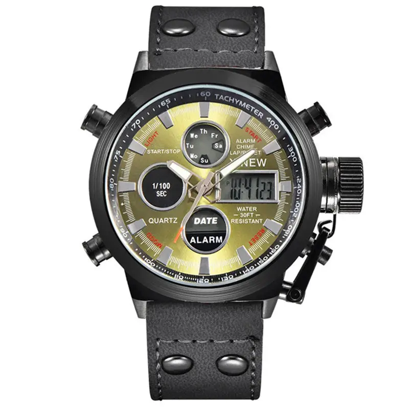 Men's Black Leather Dual Time Sports Watch with Digital Display - Image 6