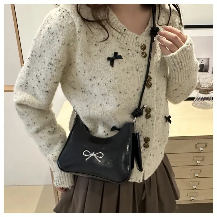 Black Bow Patent Leather Shoulder Bag for Women - Image 7