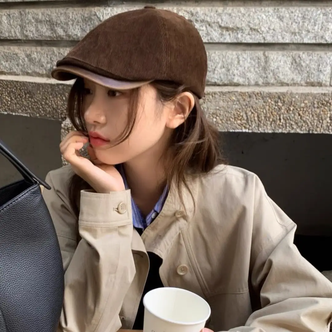 Japanese Retro Corduroy Cap Brown Duck Tongue Female