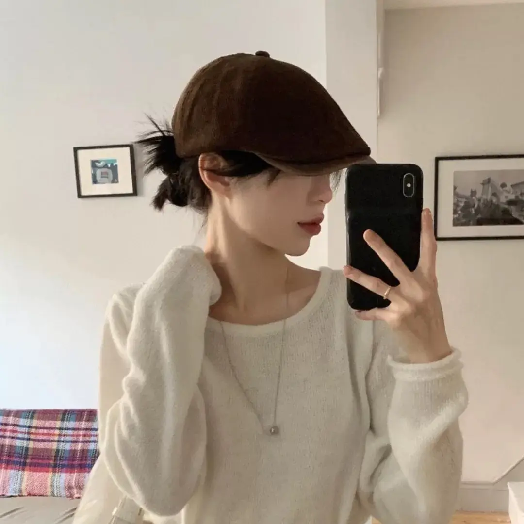 Japanese Retro Corduroy Cap Brown Duck Tongue Female