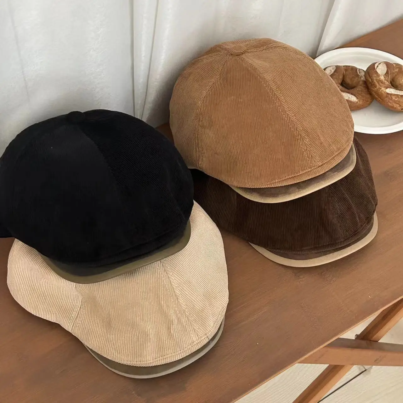 Japanese Retro Corduroy Cap Brown Duck Tongue Female