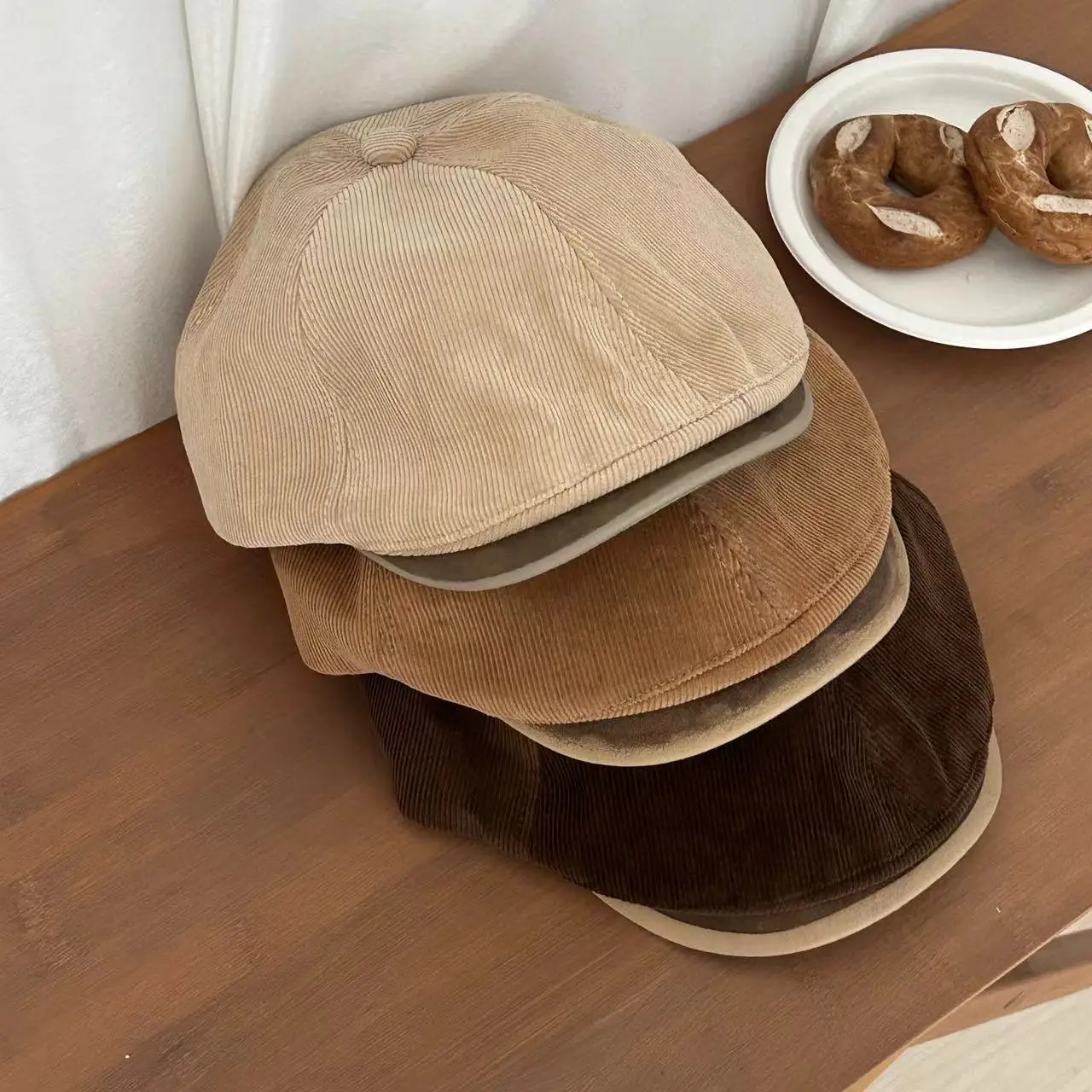 Japanese Retro Corduroy Cap Brown Duck Tongue Female