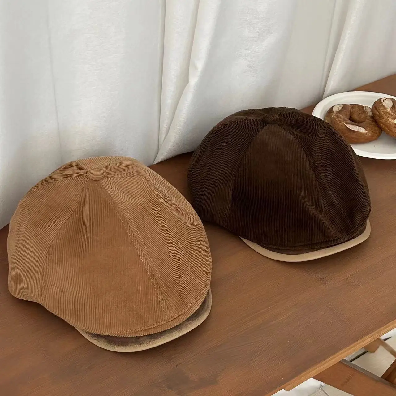 Japanese Retro Corduroy Cap Brown Duck Tongue Female — feature 9