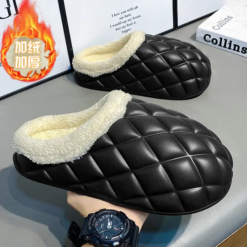 Waterproof Cotton Slippers Men's Autumn and Winter fleece-lined Warm Wearing Cotton Shoes for Lovers Lazy Shoes