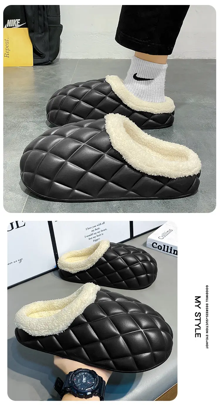 Waterproof Cotton Slippers Men's Autumn and Winter fleece-lined Warm Wearing Cotton Shoes for Lovers Lazy Shoes — feature 10
