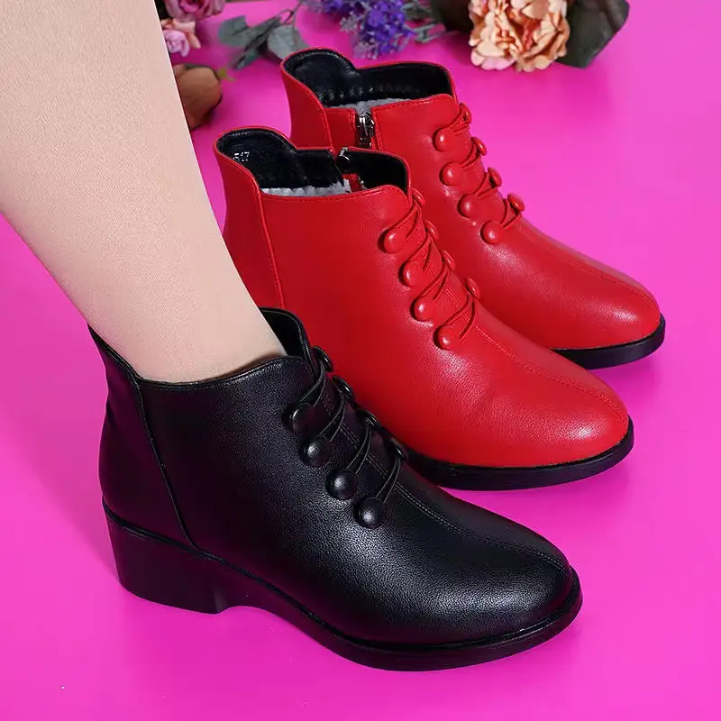 Women's Red Velvet Warm Ankle Boots Mid-heel 2024 - Image 6
