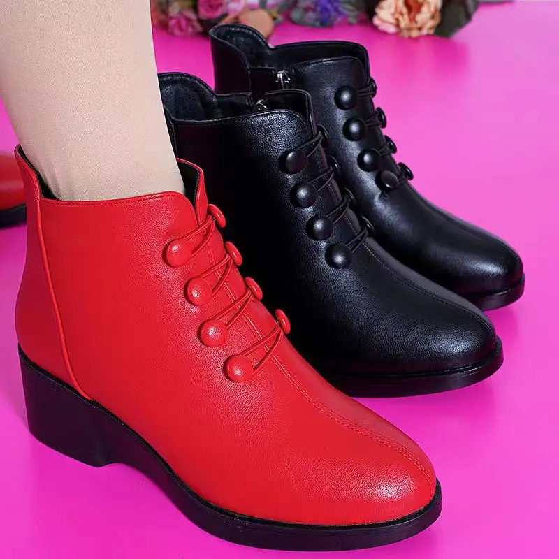 Women's Red Velvet Warm Ankle Boots Mid-heel 2024 - Image 7
