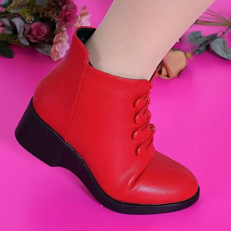 Women's Red Velvet Warm Ankle Boots Mid-heel 2024 - Image 8