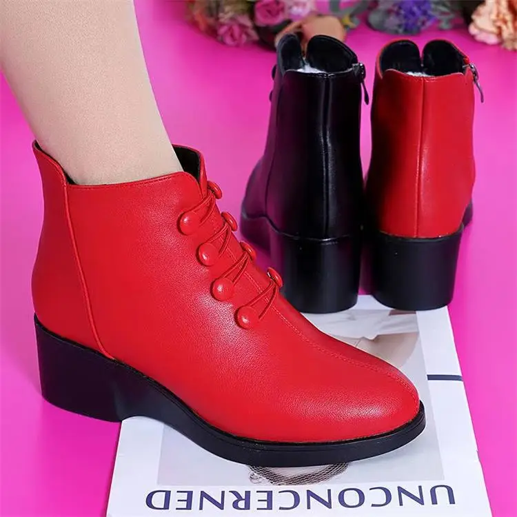 Women's Red Velvet Warm Ankle Boots Mid-heel 2024 — feature 8