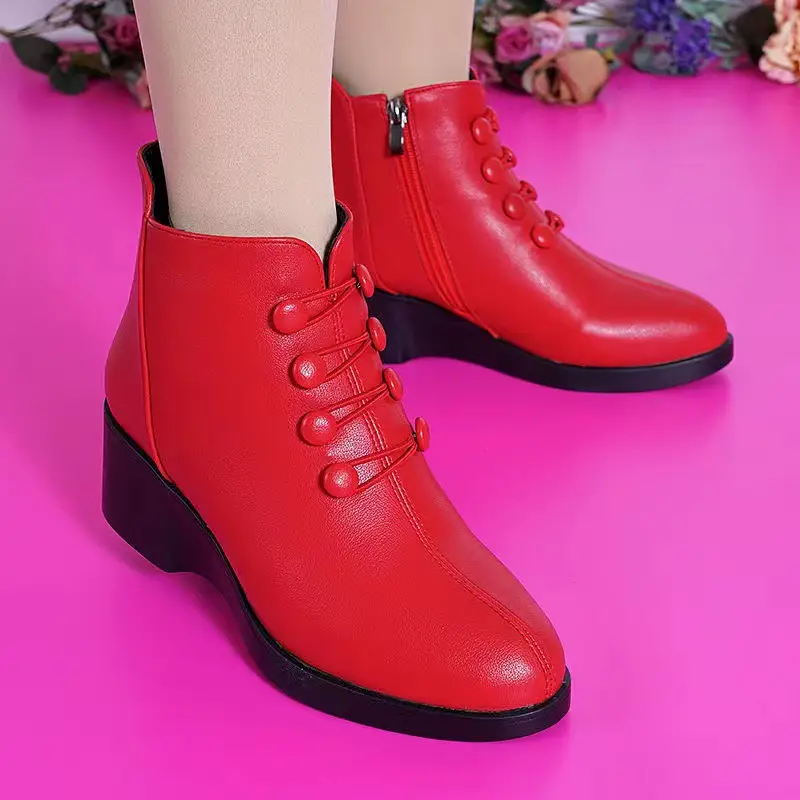 Women's Red Velvet Warm Ankle Boots Mid-heel 2024 - Image 2