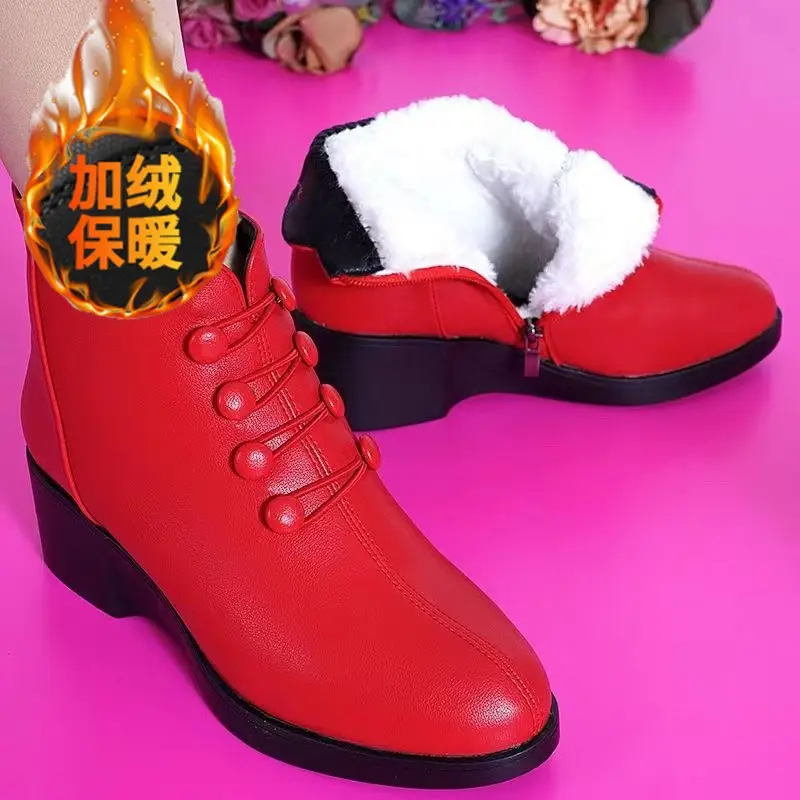 Women's Red Velvet Warm Ankle Boots Mid-heel 2024 - Image 4