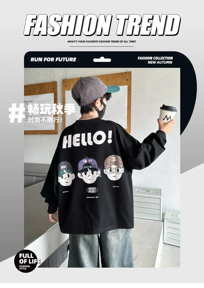 Boys Hello Print Long Sleeve T-Shirt Black 2025 — feature 1