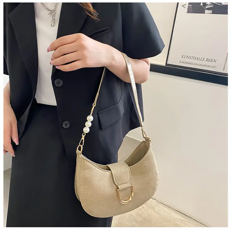 White Textured Crossbody Bag with Pearl Strap — feature 10