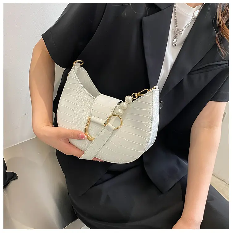 White Textured Crossbody Bag with Pearl Strap — feature 13