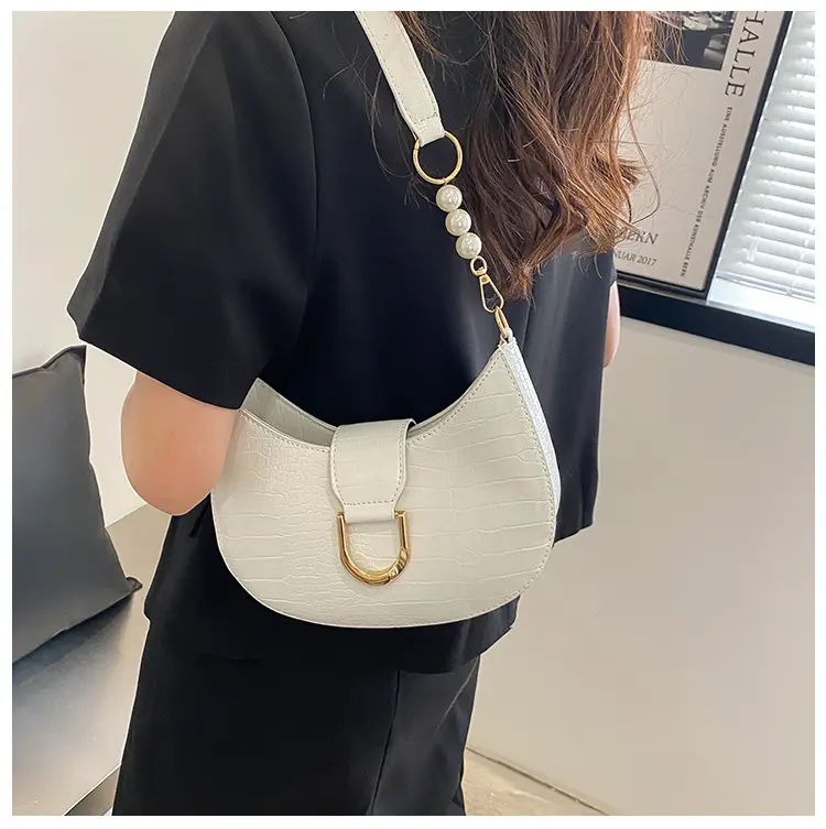 White Textured Crossbody Bag with Pearl Strap — feature 21