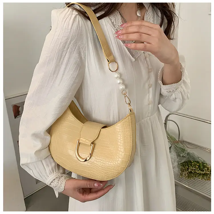 White Textured Crossbody Bag with Pearl Strap — feature 25