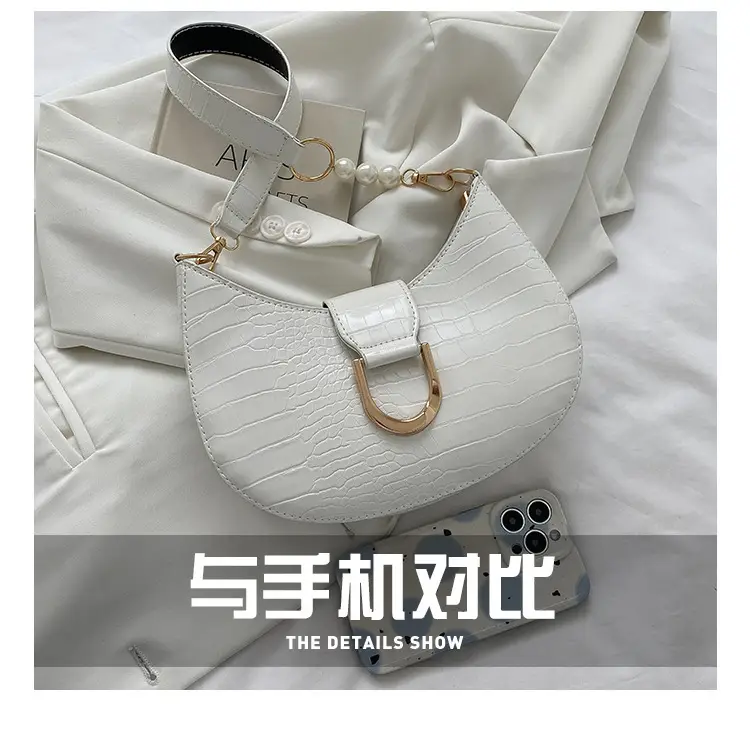 White Textured Crossbody Bag with Pearl Strap — feature 26