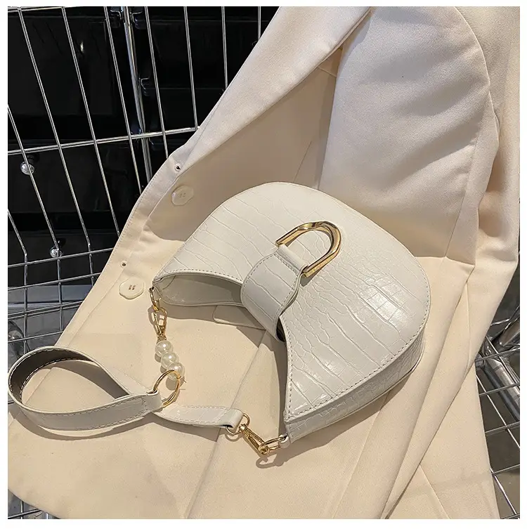 White Textured Crossbody Bag with Pearl Strap — feature 29
