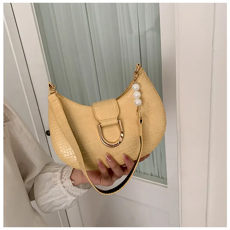 White Textured Crossbody Bag with Pearl Strap — feature 30