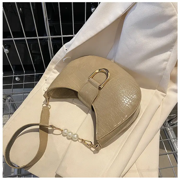 White Textured Crossbody Bag with Pearl Strap — feature 31